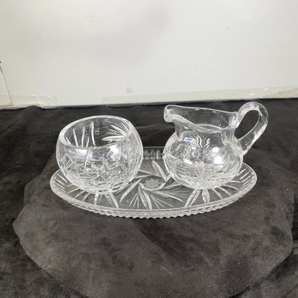 Cut Crystal Sugar and Creamer Set with a matching tray